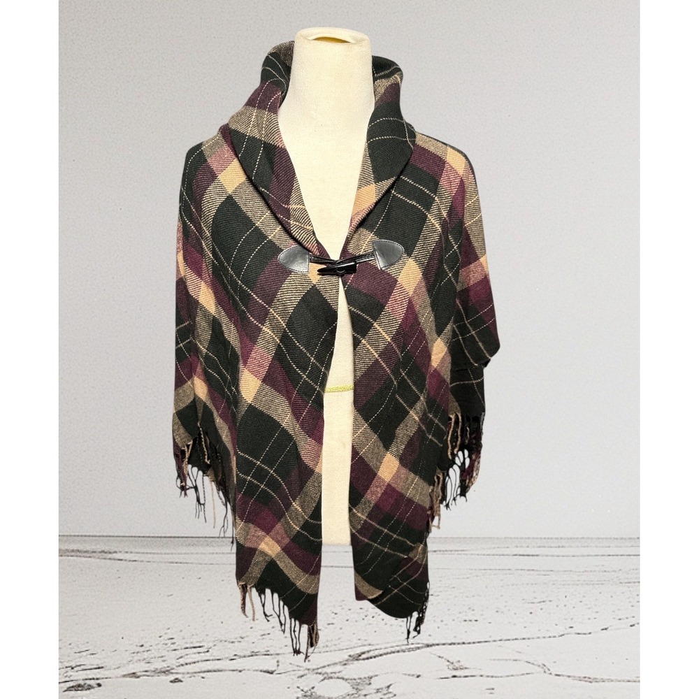 Plaid Toggle Cape Poncho Wrap Tartan Plaid Fringe Hem Lightweight One Size